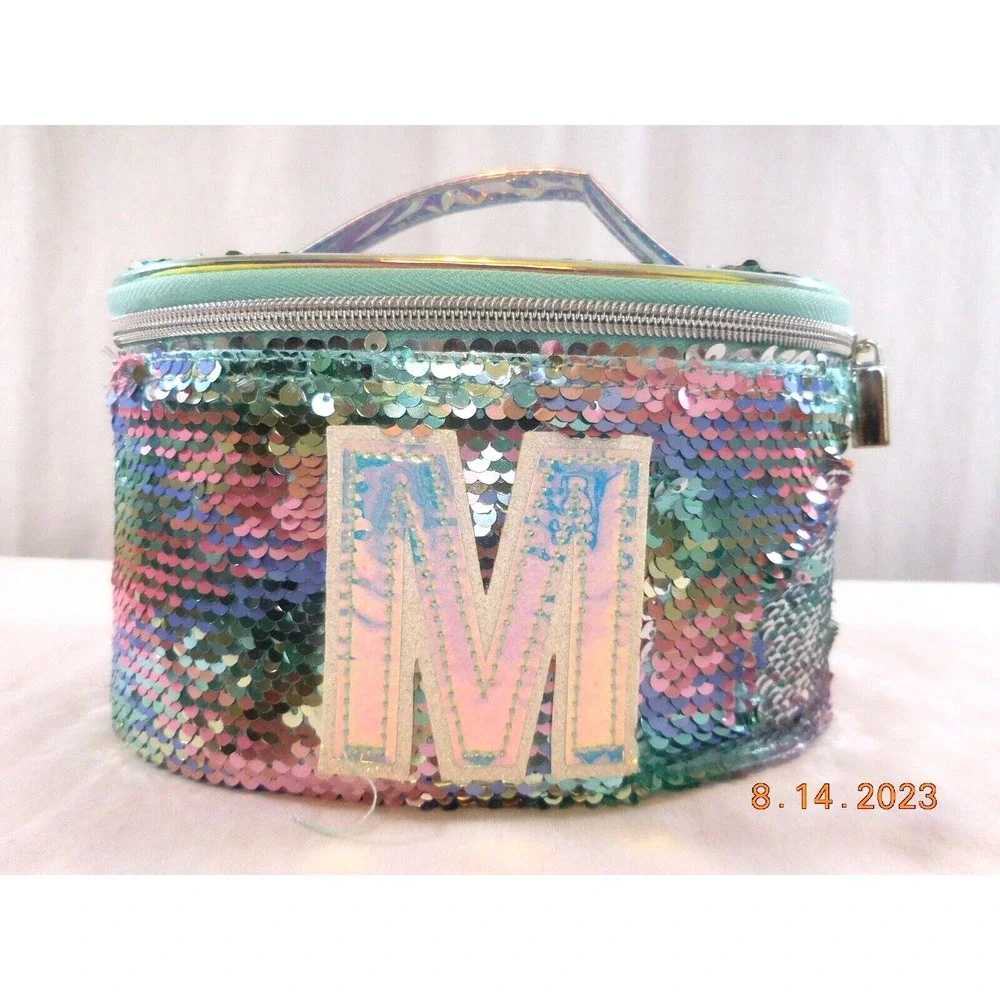 Girl's Justice Gold Flip Sequin Initial M Train Case Jewelry Makeup Case‎ Bag